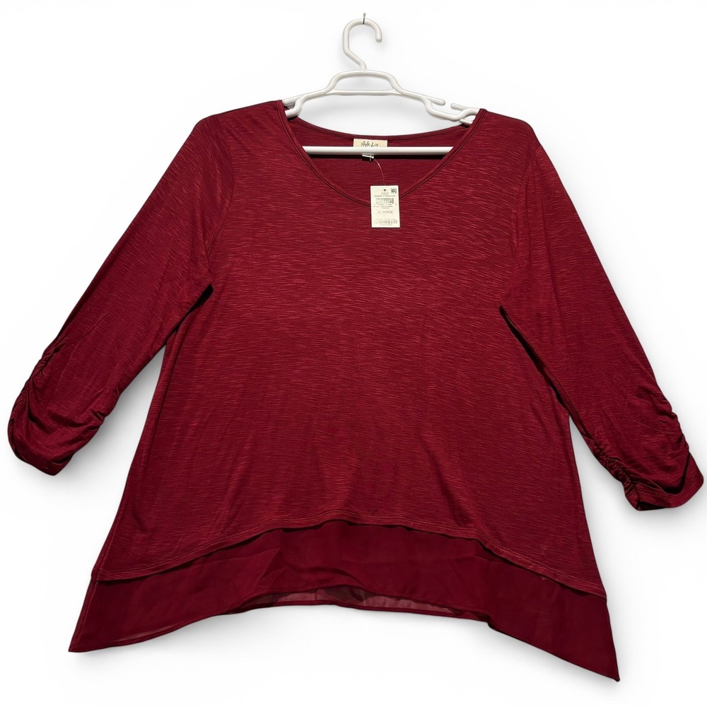 NWT Style & Co Womens XL Burgundy Slub Knit Layered Hem Ruched Sleeve Tunic Top - Picture 1 of 8